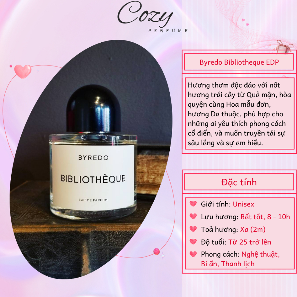 Nước hoa unisex Byred0 Bibliotheque EDP Chiết 5ml/10ml Hương thơm Bí ẩn, Thanh lịch - Cozy Perfume
