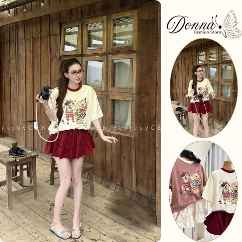 set váy nữ,áo thun nữ chất vải cotton mền cổ tròn 2 màu hồng be mix chân váy ngắn Donna hcom25223