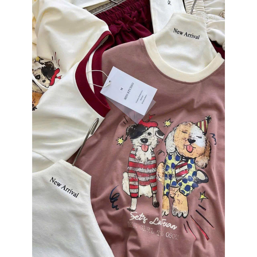 set váy nữ,áo thun nữ chất vải cotton mền cổ tròn 2 màu hồng be mix chân váy ngắn Donna hcom25223