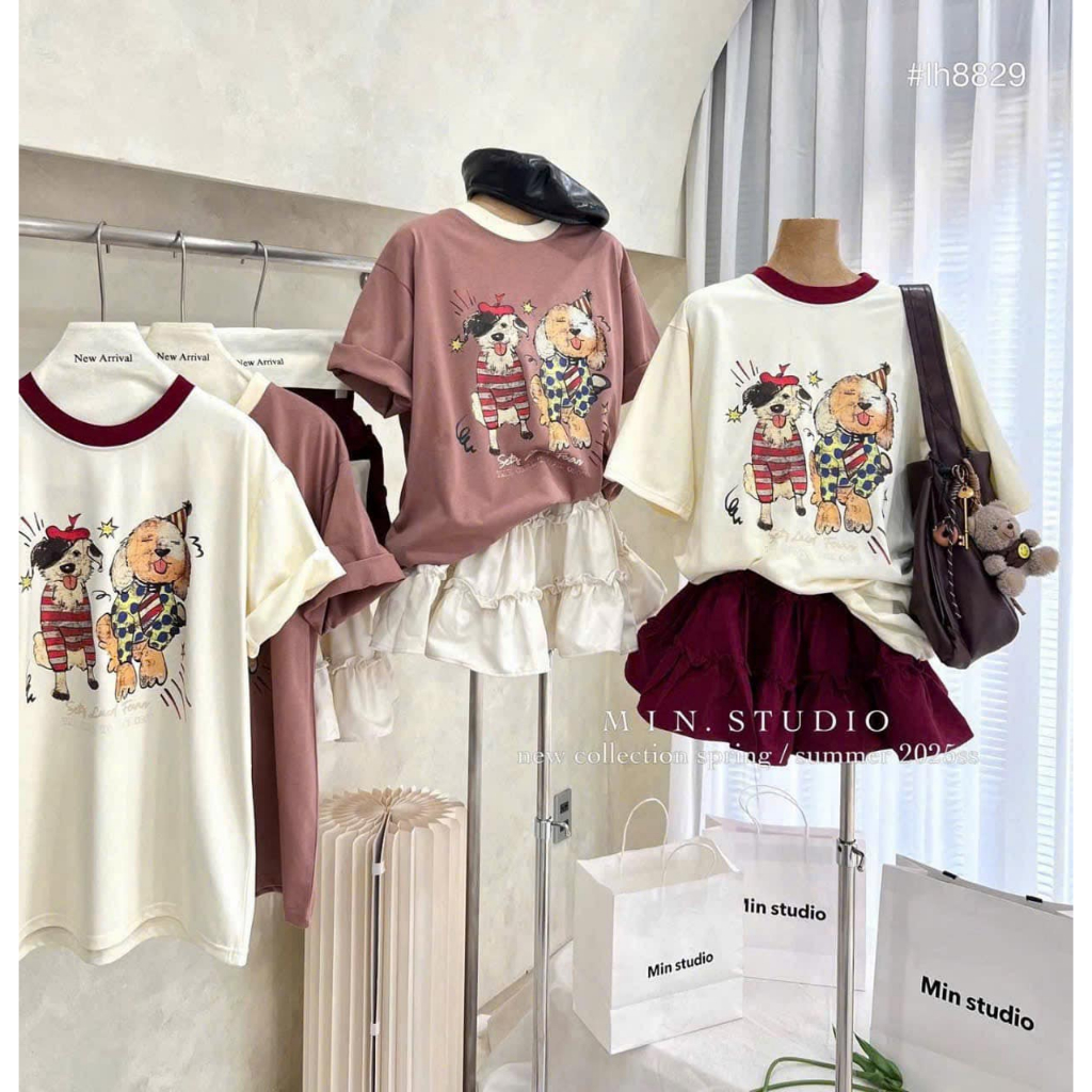 set váy nữ,áo thun nữ chất vải cotton mền cổ tròn 2 màu hồng be mix chân váy ngắn Donna hcom25223