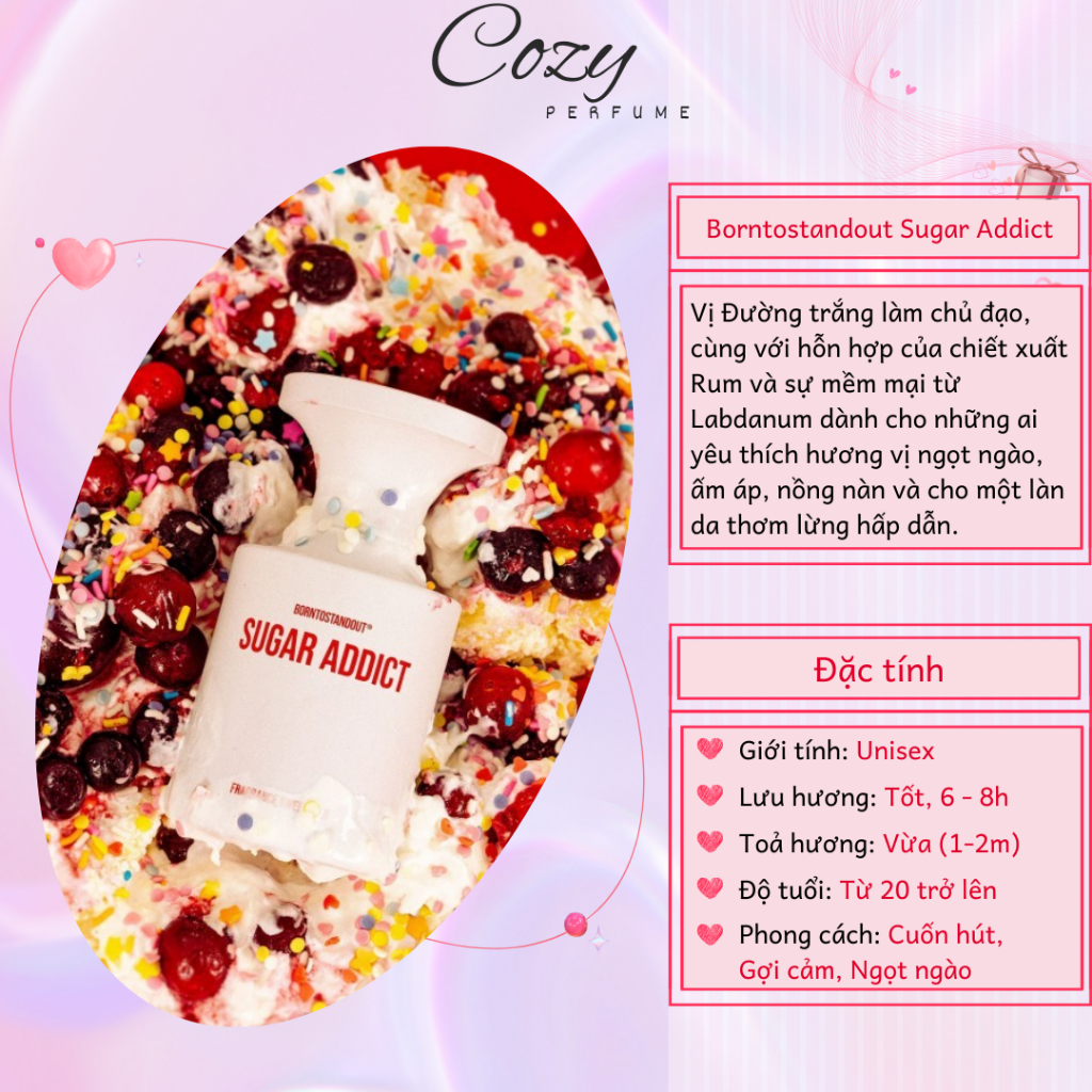 Nước hoa unisex B0rntostandout Sugar Addict EDP Chiết 5ml/10ml Hương thơm Ngọt ngào - Cozy Perfume