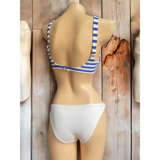Bikini 2 mảnh kín đáo, đồ bơi nữ áo Bra sẵn đệm ngực họa tiết kẻ xanh quần trắng, khuy cài hàng VNXK