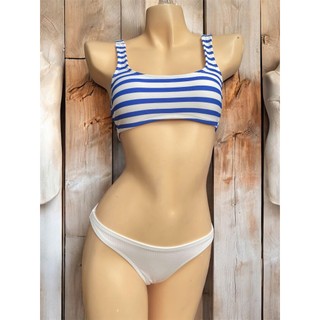 Bikini 2 mảnh kín đáo, đồ bơi nữ áo Bra sẵn đệm ngực họa tiết kẻ xanh quần trắng, khuy cài hàng VNXK