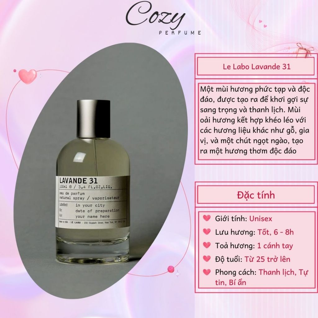 Nước hoa unisex Le Labo Lavande 31 Chiết 5ml/10ml Hương thơm Thanh lịch Tự tin Bí ẩn - Cozy Perfume