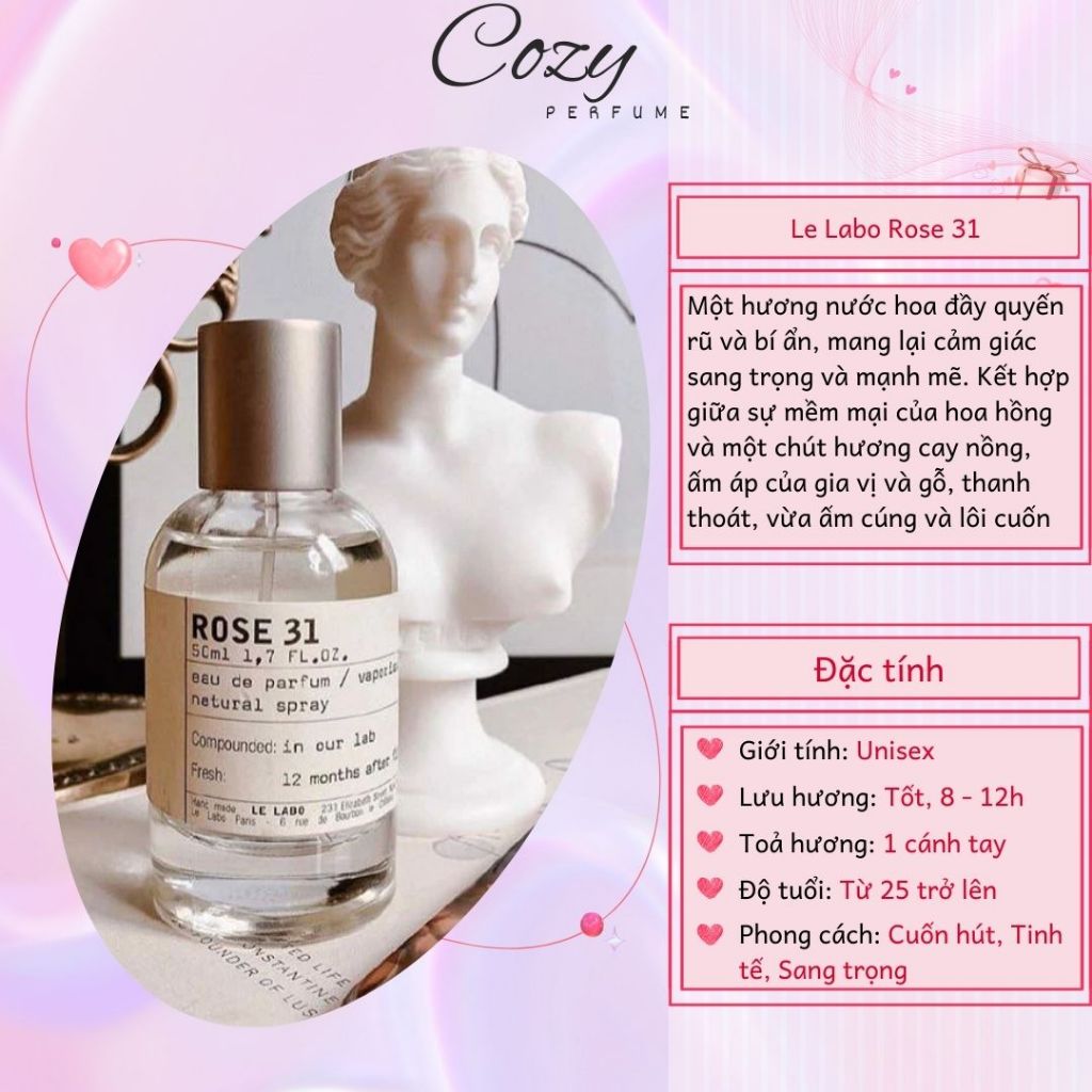Nước hoa unisex Le Labo Rose 31 Chiết 5ml/10ml Hương thơm Cuốn hút Tinh tế Sang trọng - Cozy Perfume