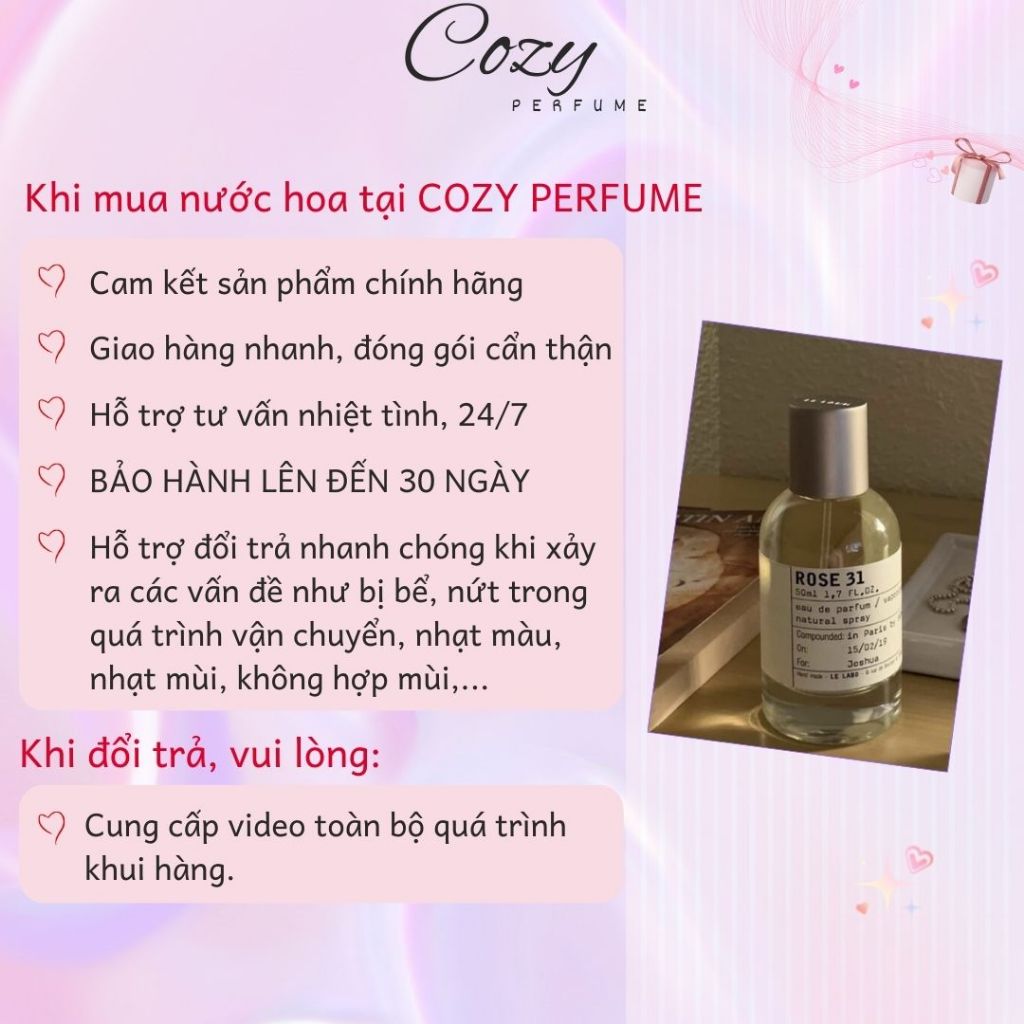 Nước hoa unisex Le Labo Rose 31 Chiết 5ml/10ml Hương thơm Cuốn hút Tinh tế Sang trọng - Cozy Perfume
