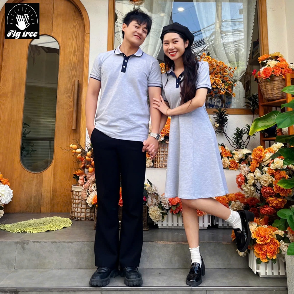 Set Áo Váy Đôi Fig Tree Thun Polo Cá Sấu Cao Cấp Màu Xám Ghi Chất Co Giãn, Năng Động, Nhiều size