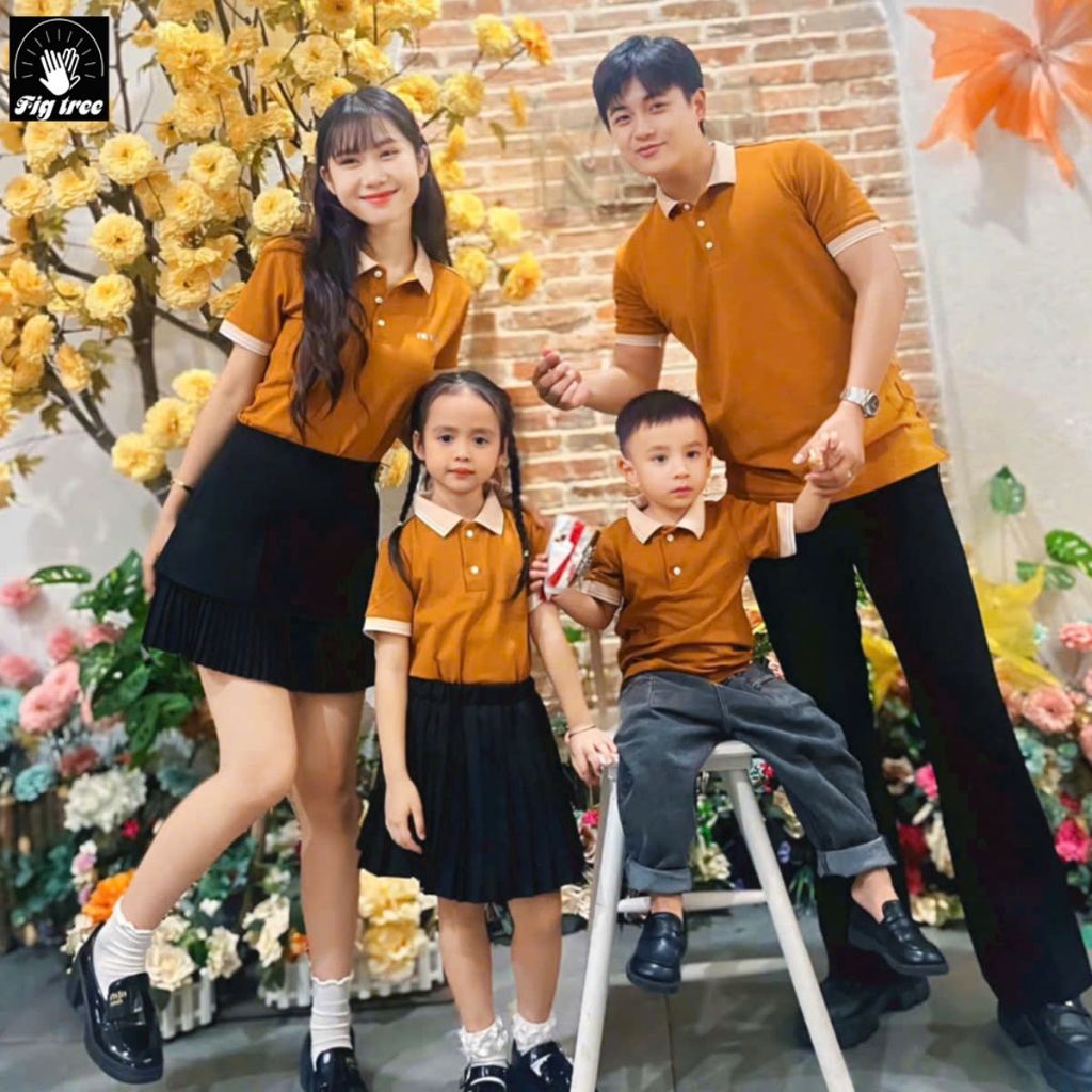 Set Áo Gia Đình Fig Tree Thun Polo Cá Sấu Màu Cam Đất, Vải dày dặn - co giãn, có nhiều size.