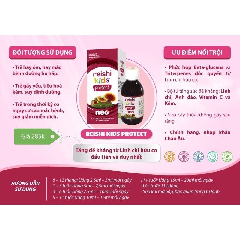 Combo 2 hộp Tăng Đề Kháng Reishi Kids Protect cho bé chai 150ml
