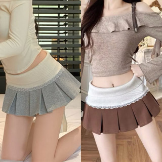 Chân váy xếp ly phối ren lưng thun sang sịn đen nâu xám xinh xắn VANISA CV056