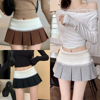 Chân váy xếp ly phối ren lưng thun sang sịn đen nâu xám xinh xắn VANISA CV056