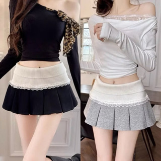 Chân váy xếp ly phối ren lưng thun sang sịn đen nâu xám xinh xắn VANISA CV056