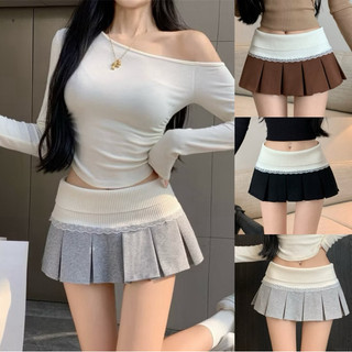 Chân váy xếp ly phối ren lưng thun sang sịn đen nâu xám xinh xắn VANISA CV056
