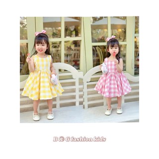 [B&G] Đầm váy kẻ caro màu hồng+vàng sát nách chất cotton tự nhiên cho bé gái 10-40kg(1-10 tuổi)