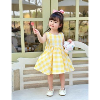 [B&G] Đầm váy kẻ caro màu hồng+vàng sát nách chất cotton tự nhiên cho bé gái 10-40kg(1-10 tuổi)