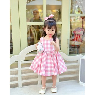 [B&G] Đầm váy kẻ caro màu hồng+vàng sát nách chất cotton tự nhiên cho bé gái 10-40kg(1-10 tuổi)