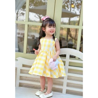 [B&G] Đầm váy kẻ caro màu hồng+vàng sát nách chất cotton tự nhiên cho bé gái 10-40kg(1-10 tuổi)