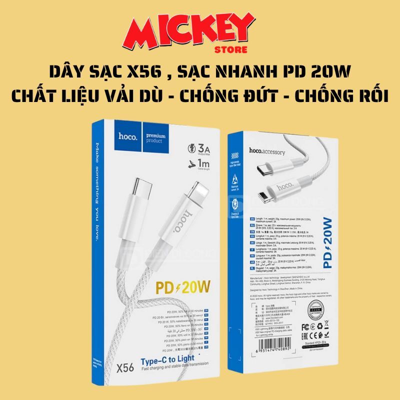 Dây sạc nhanh Hoco X56 PD 20w bọc dù chống đứt cho IPhone 14 13 12 11 Seri x xsm xr