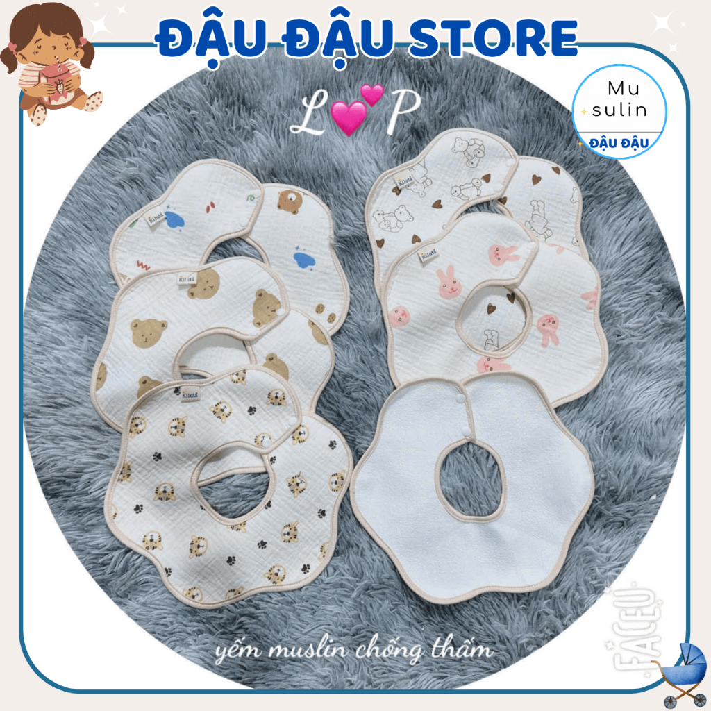 Set 4 Yếm Tròn Xô Muslin Chống Thấm Cúc Bấm Lp in họa tiết - 4 lớp cao cấp mềm mại cho bé trai bé gái Đậu Đậu Store