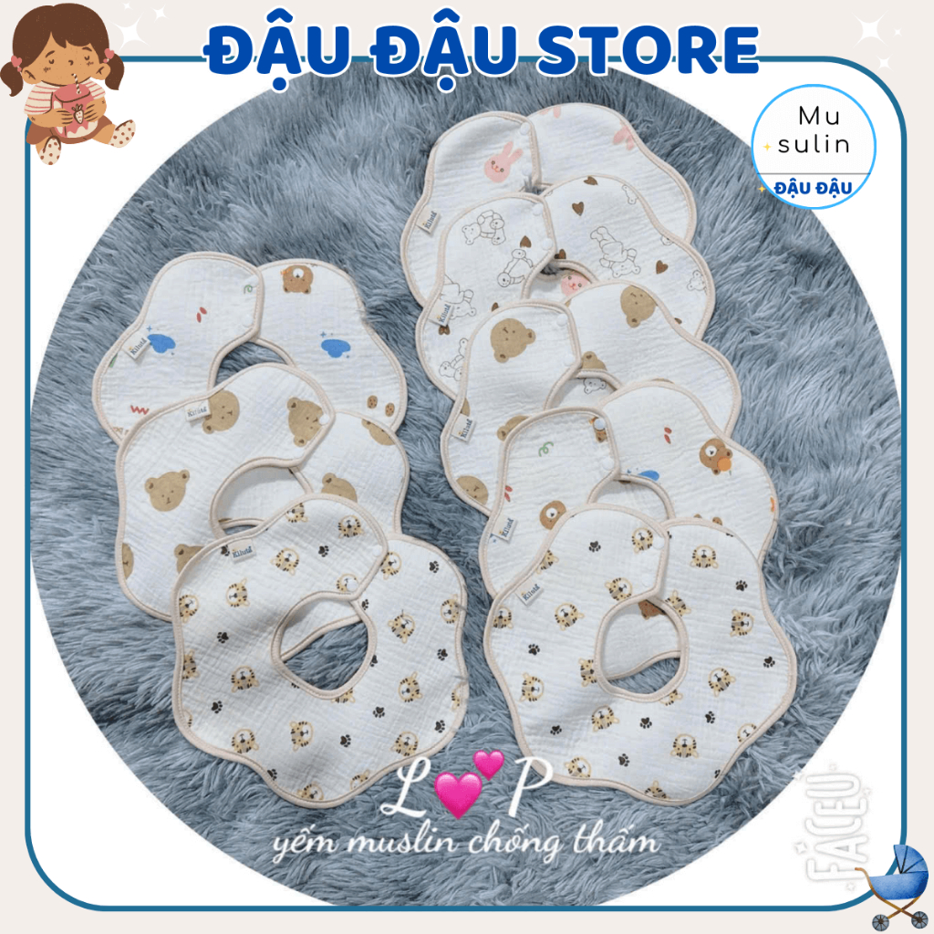 Set 4 Yếm Tròn Xô Muslin Chống Thấm Cúc Bấm Lp in họa tiết - 4 lớp cao cấp mềm mại cho bé trai bé gái Đậu Đậu Store