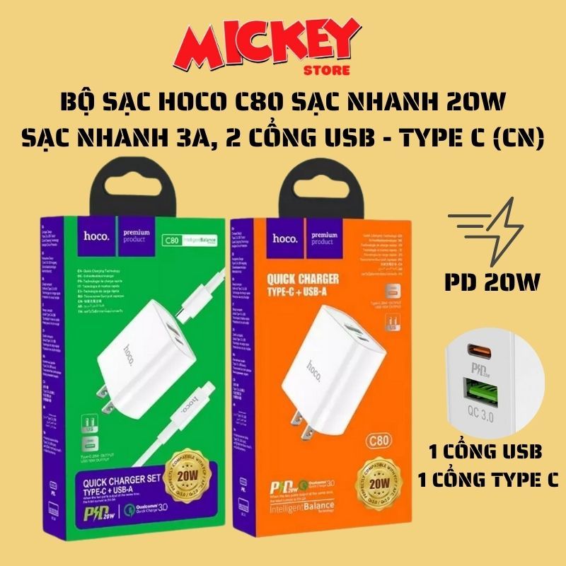 Bộ sạc nhanh Hoco C80 PD 20W 1 cổng Typec 1 cổng USB cho IPhone 14 13 12 11Seri xs xsm xr