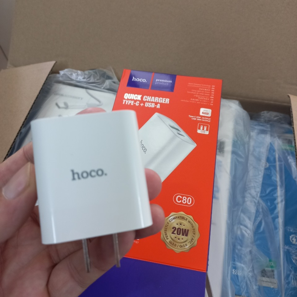 Bộ sạc nhanh Hoco C80 PD 20W 1 cổng Typec 1 cổng USB cho IPhone 14 13 12 11Seri xs xsm xr