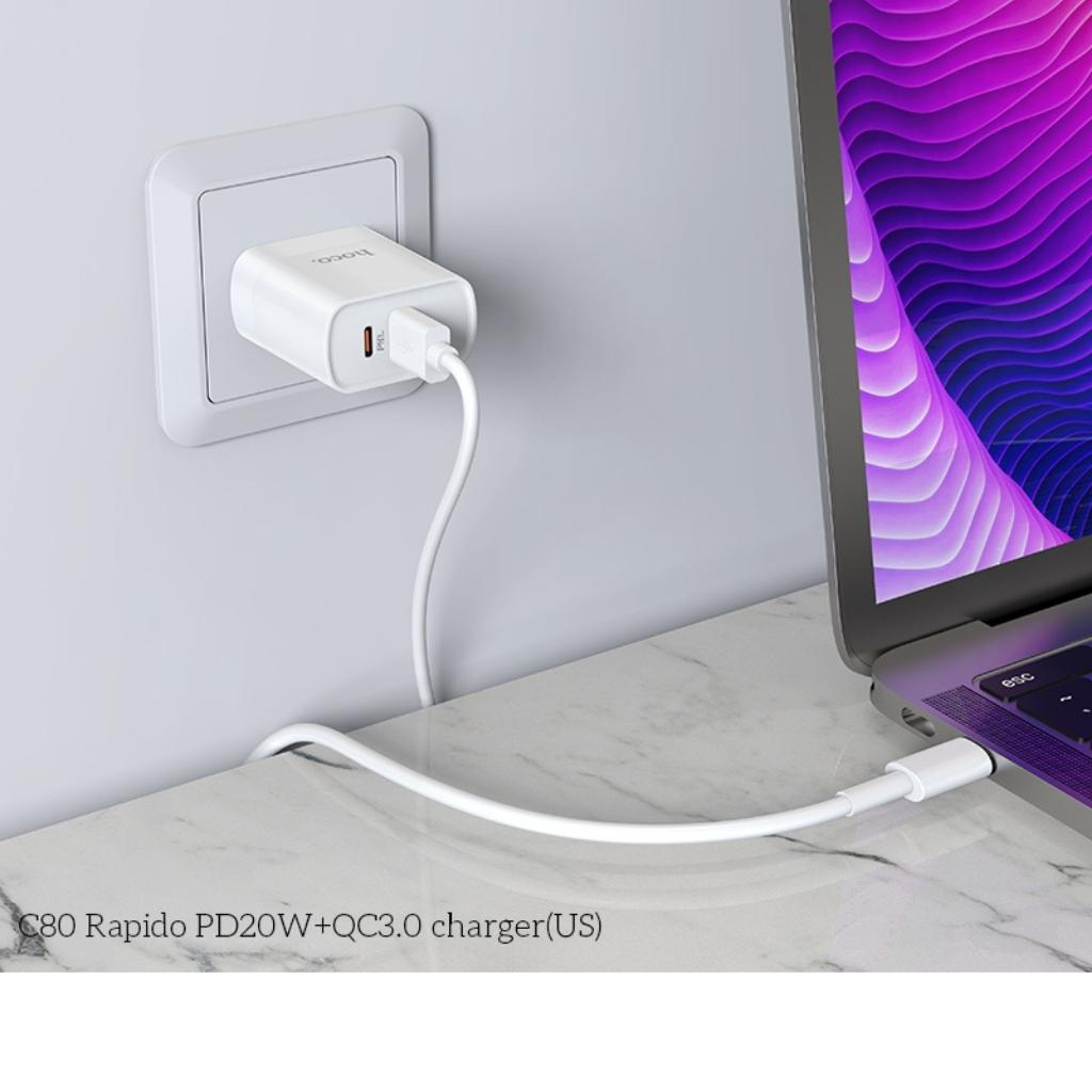 Bộ sạc nhanh Hoco C80 PD 20W 1 cổng Typec 1 cổng USB cho IPhone 14 13 12 11Seri xs xsm xr
