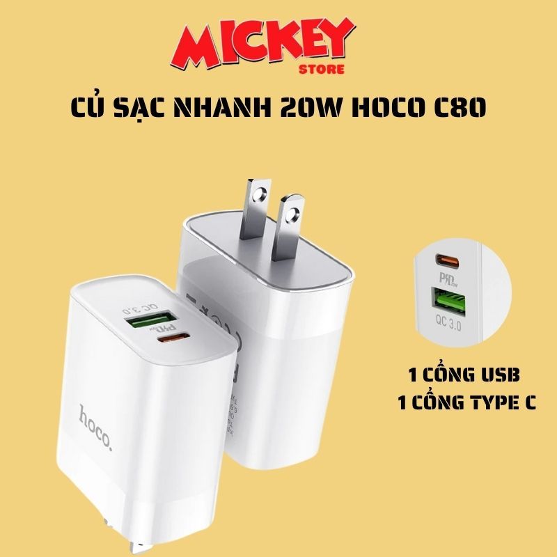 Củ sạc nhanh 2 cổng Hoco C80 1 cổng Type C 1 Cổng USB
