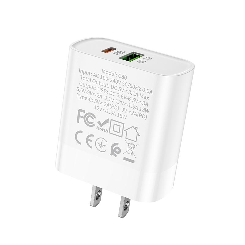 Củ sạc nhanh 2 cổng Hoco C80 1 cổng Type C 1 Cổng USB
