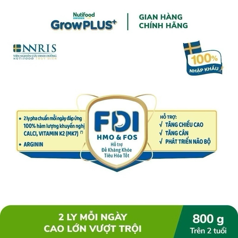 Sữa Bột Nutifood Sweden GrowPLUS+ Bạc Số 2+ Lon 800g [Cao Lớn Vượt Trội]