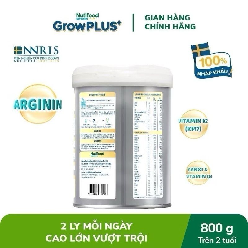 Sữa Bột Nutifood Sweden GrowPLUS+ Bạc Số 2+ Lon 800g [Cao Lớn Vượt Trội]