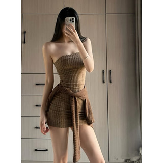 Set đầm ống dáng ngắn ôm body phối khoác ngoài tay dài dáng croptop vải len phong cách trẻ trung