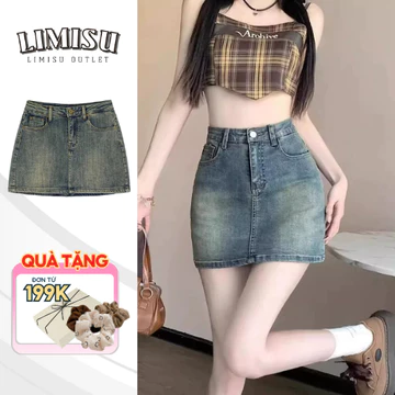 Chân váy jean ngắn dáng chữ LIMISU Chân váy bò jean cạp cao phong cách Hàn Quốc có quần bảo hộ trong