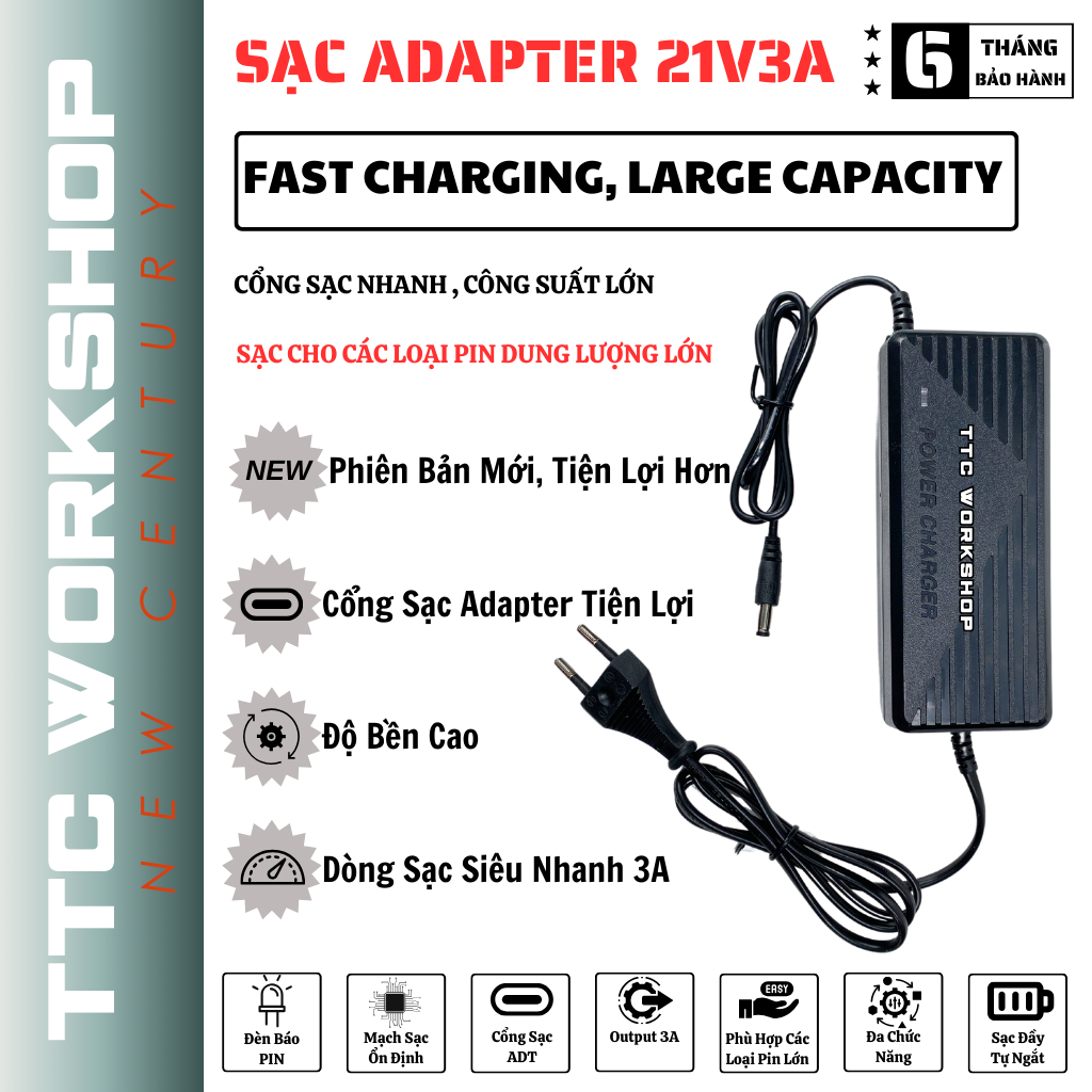 Sạc, sạc adapter 21v, sạc 21v 3a có quạt tản nhiệt, sạc nhanh adapter ...