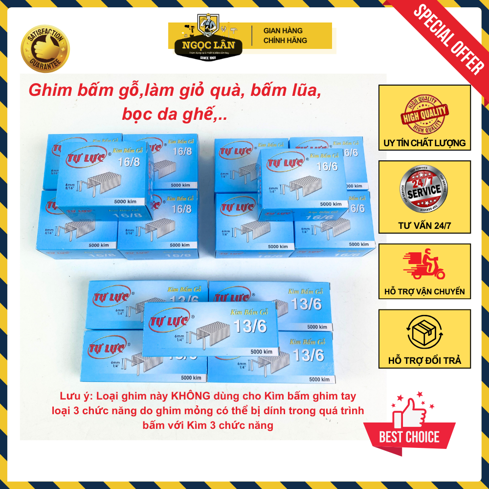[Combo 5 hộp] Ghim bấm gỗ, Kim bấm gỗ Tự Lực 13/6, 13/8,16/6, 16/8