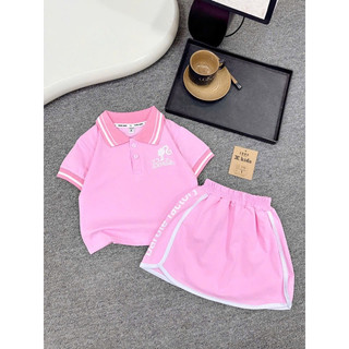 Bộ bé gái,Sét áo polo babe hồng mix váy chữ A cho bé gái