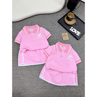 Bộ bé gái,Sét áo polo babe hồng mix váy chữ A cho bé gái