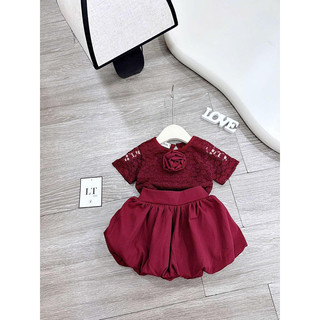 Bộ bé gái,Sét áo ren đỏ mix váy bí phồng cho bé gái
