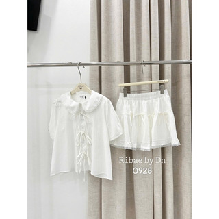 Set áo babydoll cổ ren buộc nơ kèm chân váy cạp chun basic dễ mặc LAVIAN S003