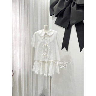 Set áo babydoll cổ ren buộc nơ kèm chân váy cạp chun basic dễ mặc LAVIAN S003