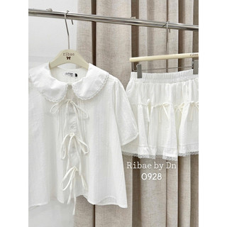 Set áo babydoll cổ ren buộc nơ kèm chân váy cạp chun basic dễ mặc LAVIAN S003