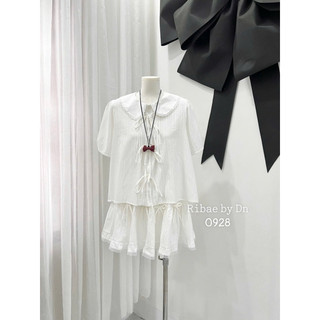 Set áo babydoll cổ ren buộc nơ kèm chân váy cạp chun basic dễ mặc LAVIAN S003