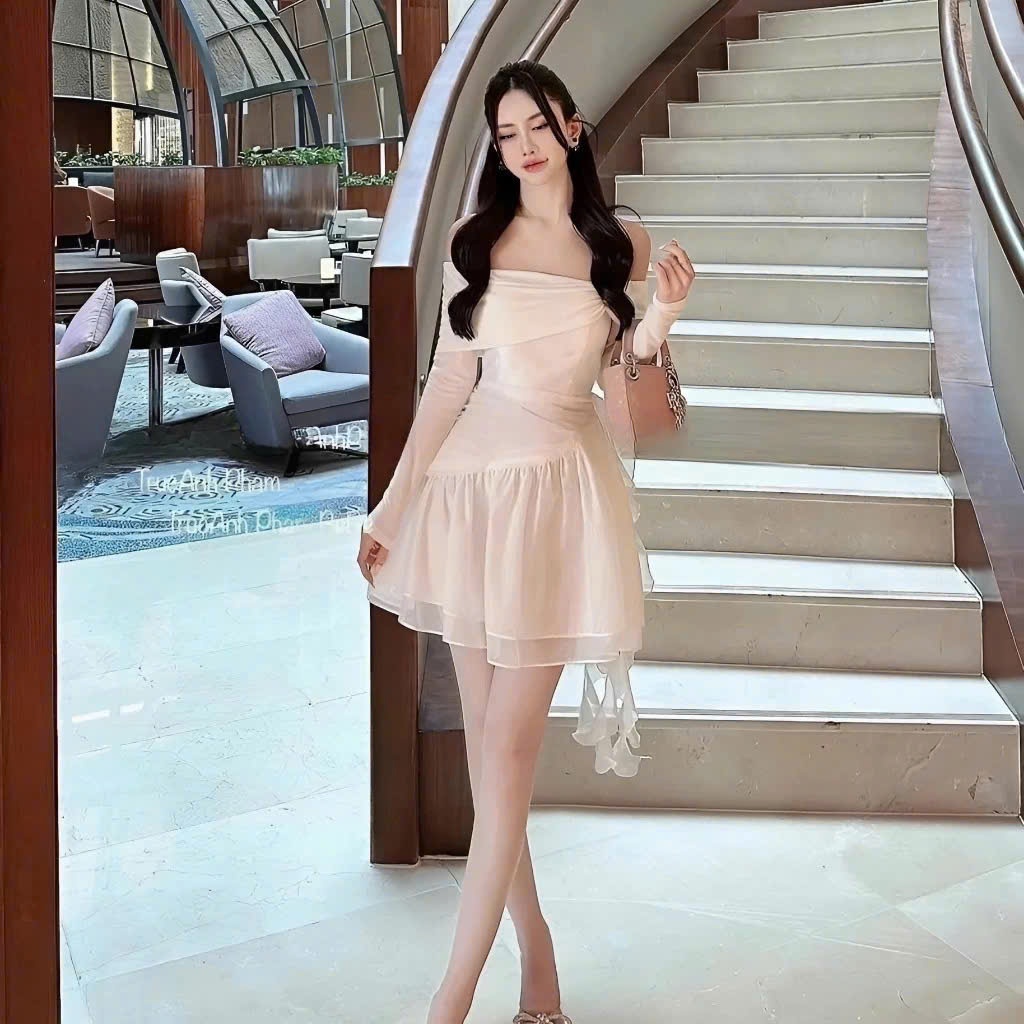 Váy trễ vai tay dài phối chân váy xòe dáng váy liền thân VAY913
