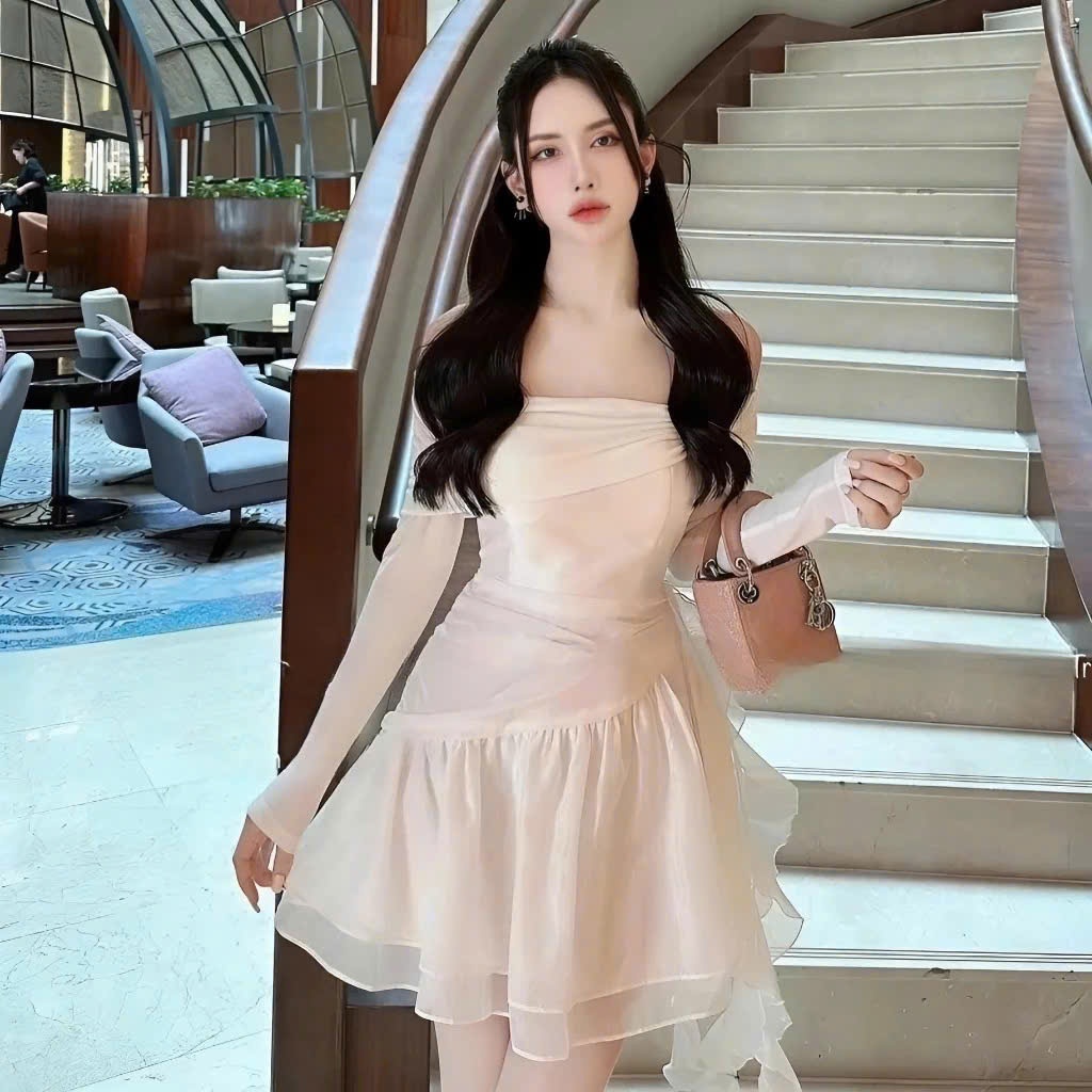 Váy trễ vai tay dài phối chân váy xòe dáng váy liền thân VAY913