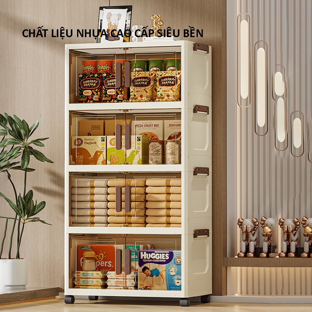 Tủ nhựa đa năng gấp gọn có bánh xe, tủ nhựa để đồ cao cấp có bánh xe xoay 360 độ, cửa nam châm chiêu chắc chắn