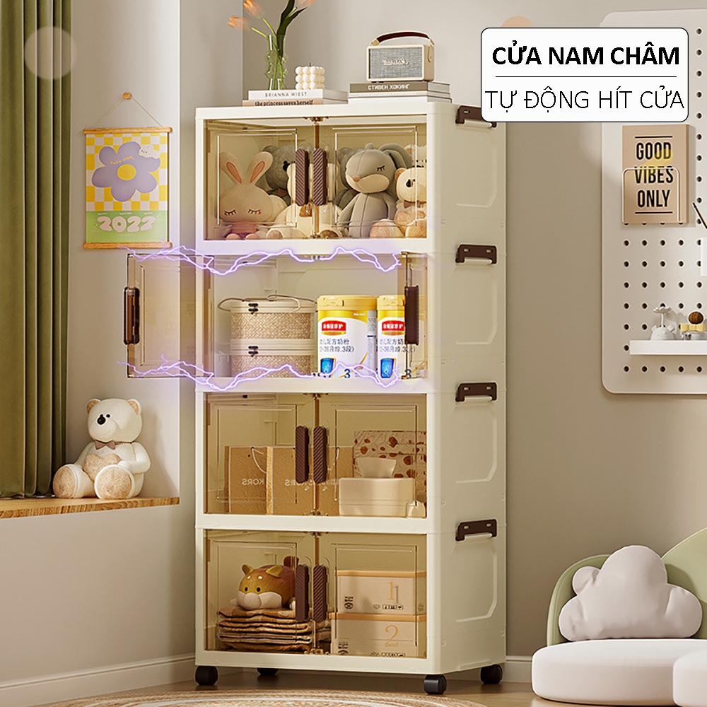 Tủ nhựa đa năng gấp gọn có bánh xe, tủ nhựa để đồ cao cấp có bánh xe xoay 360 độ, cửa nam châm chiêu chắc chắn