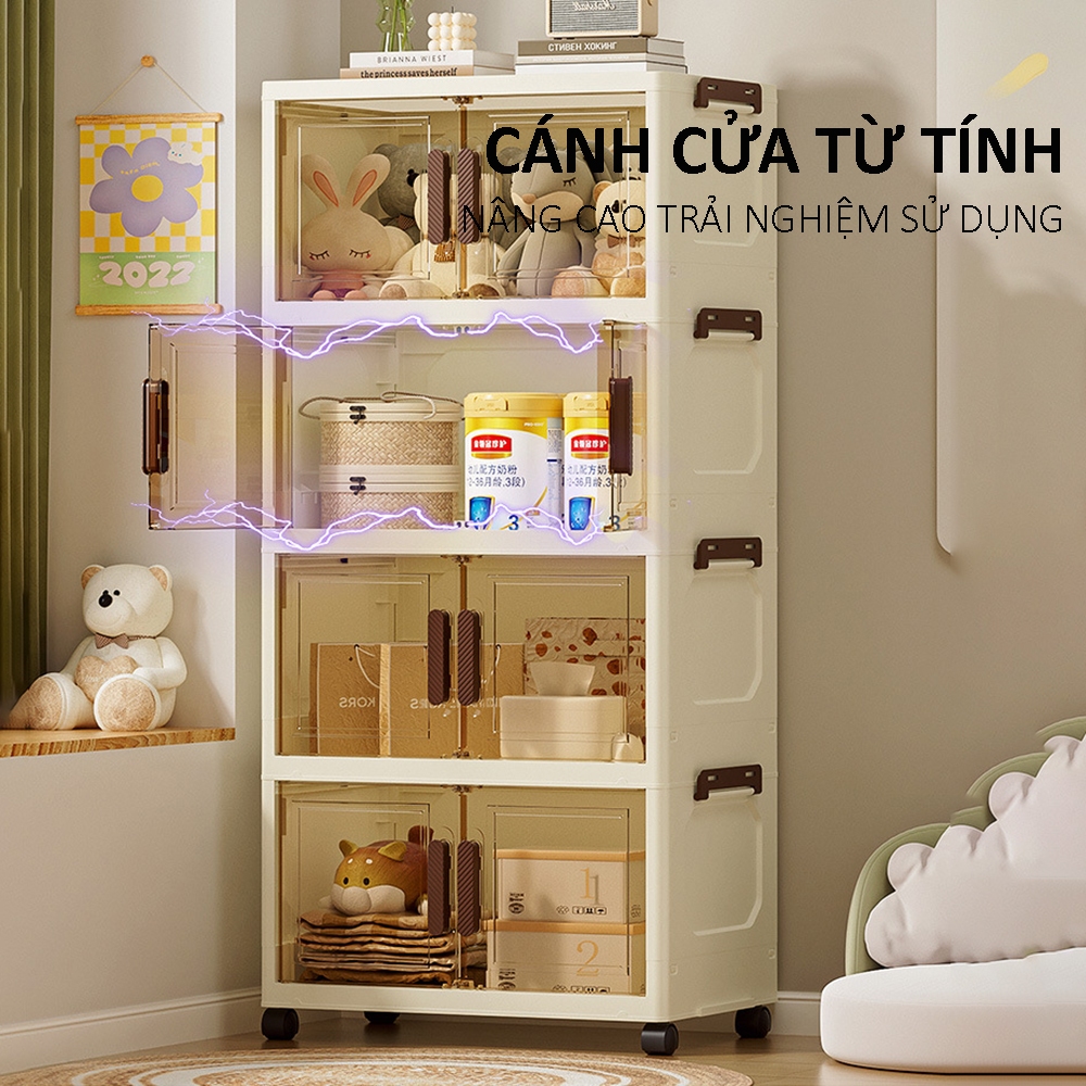 Tủ nhựa đa năng gấp gọn có bánh xe, tủ nhựa để đồ cao cấp có bánh xe xoay 360 độ, cửa nam châm chiêu chắc chắn