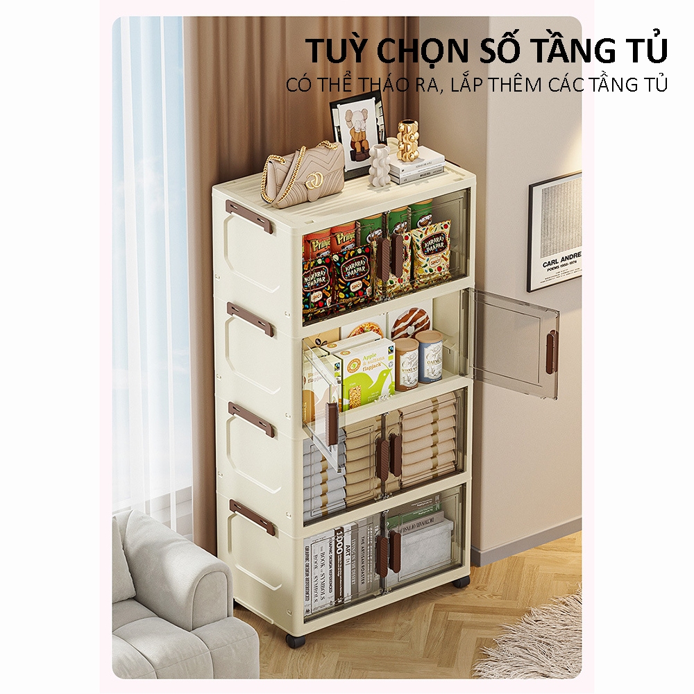 Tủ nhựa đa năng gấp gọn có bánh xe, tủ nhựa để đồ cao cấp có bánh xe xoay 360 độ, cửa nam châm chiêu chắc chắn