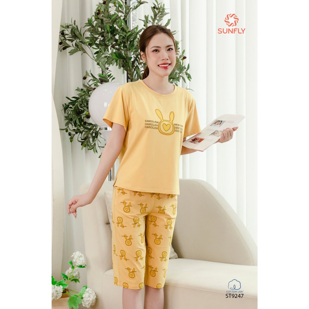 ST9247 Đồ bộ mặc nhà nữ cotton SUNFLY áo cộc quần ngố, trẻ trung, co dãn tốt