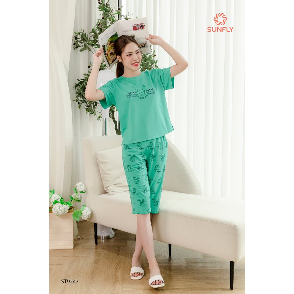 ST9247 Đồ bộ mặc nhà nữ cotton SUNFLY áo cộc quần ngố, trẻ trung, co dãn tốt